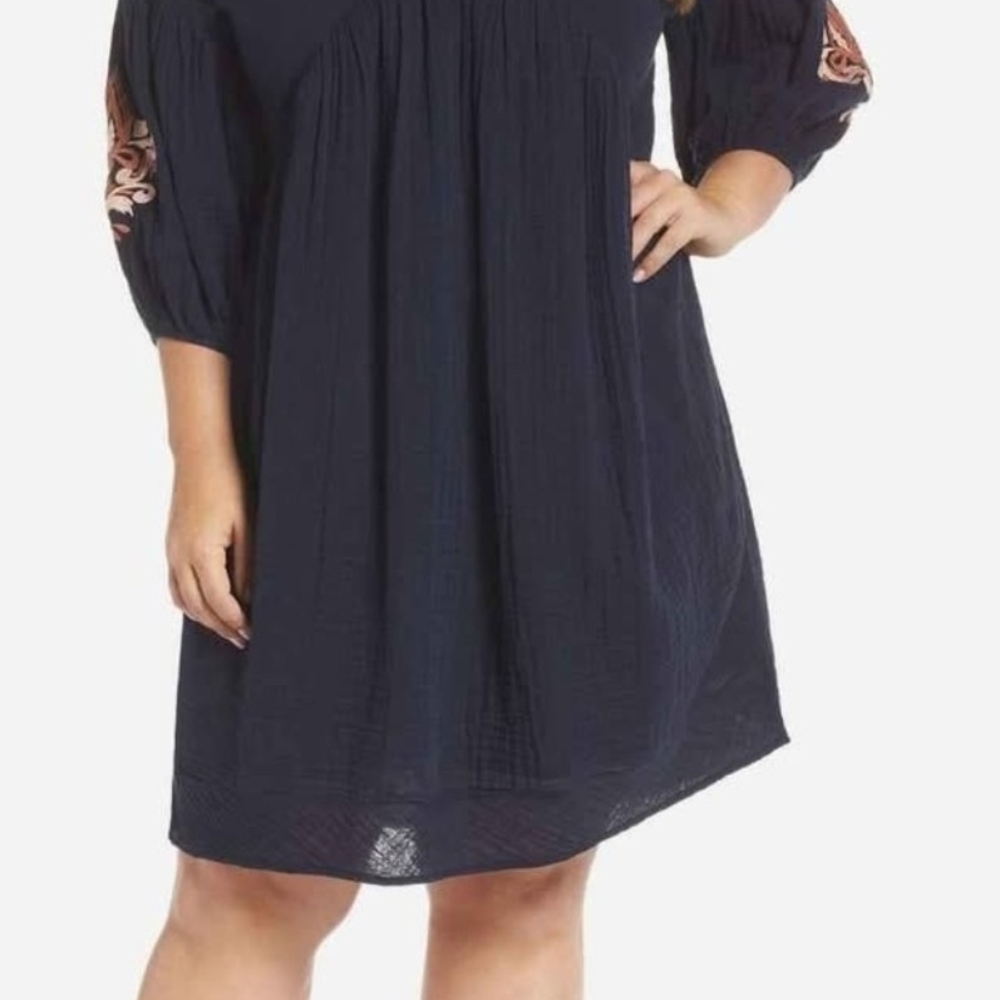 Caslon Navy Blue Dress with Embroidered Sleeves